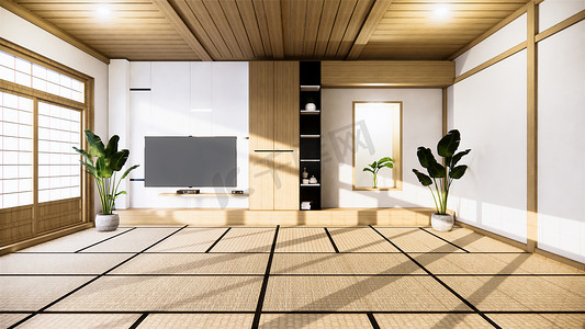 日本客厅的电视柜和架子墙设计禅宗内饰