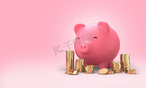 大量的钱币摄影照片_粉红色的存钱罐和大量的金币堆放在粉红色的背景上。