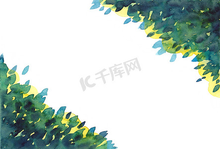 抽象水彩手绘绿叶，白色孤立背景上的森林框架。