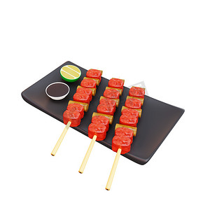 亚洲食品烤鸡肉串、日本食品的 3d 插图