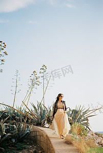 戴墨镜的新娘沿着石路边走过龙舌兰灌木丛