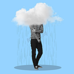人、云和雨代表抑郁症艺术、心理健康或蓝色背景下的悲伤，轮廓上有阴影。