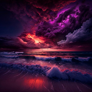 在海滩的阴沉的紫色日落