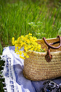 一个稻草野餐篮与一束黄色鲜花一起站在绿草上的蓝色毯子上。