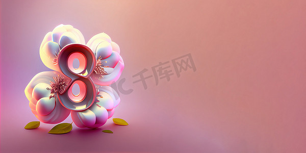 三八妇女节祝福语摄影照片_3 月 8 日妇女节背景和横幅的 8 号和花卉装饰插图，带复制空间