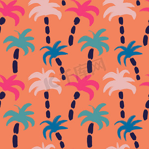 手绘无缝图案与橙色背景上的粉色蓝色棕榈树。
