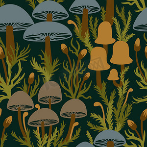 手绘无缝图案与森林蘑菇真菌在深绿色苔藓背景上呈灰蓝色棕色。
