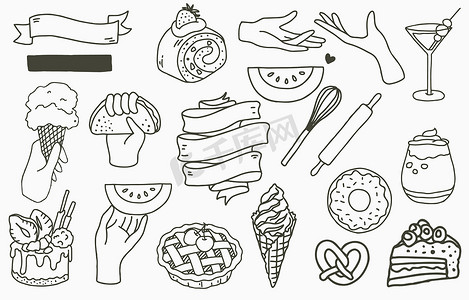 图标甜点摄影照片_食品标志集合与蛋糕，饮料，甜点，菠萝。矢量 il