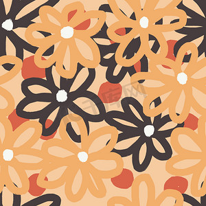 手绘无缝图案与花卉在米色橙色秋天秋天的颜色。