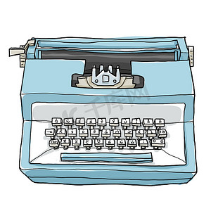 蓝色打字机复古玩具可爱手绘艺术插画