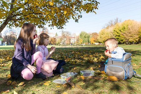 背书包书包摄影照片_儿童午餐盒、书包的秋季肖像。