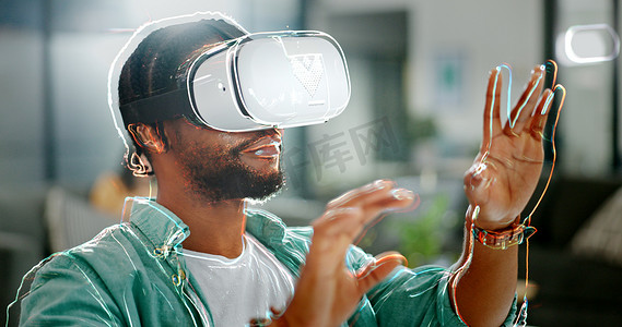 虚拟现实、vr metaverse 和黑人在网络仪表板、增强现实或 ai 软件上工作。