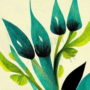 青色花朵摄影照片_印刷品和墙壁艺术的彩色水彩植物插图。