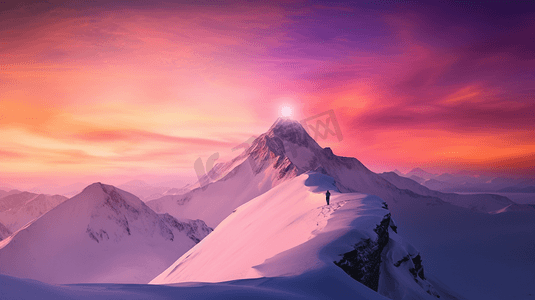 紫色天空下白雪覆盖的山顶