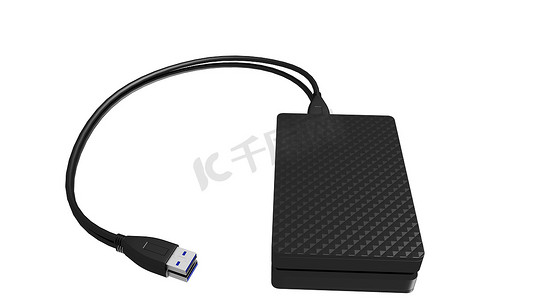 硬盘小零件摄影照片_有USB缆绳的便携式的外部硬盘驱动器在白色背景。