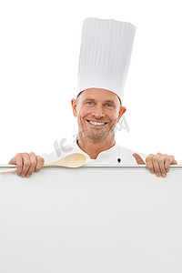 菜单宣传背景摄影照片_菜单海报、厨师和男子肖像，带有模型空间、横幅或广告牌，用于宣传食品或品牌。