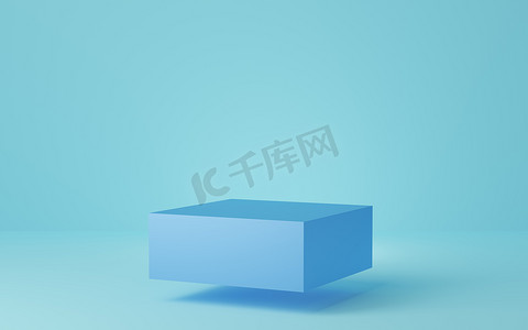 漂浮在蓝色背景上的空蓝色立方体讲台。