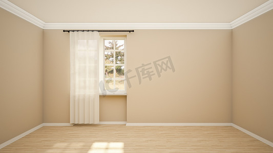 空房间和客厅现代风格的室内设计与窗户和木地板。 