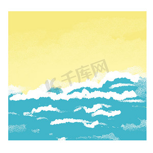 方形手绘框架背景与黄色沙滩沙蓝色海水。