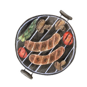 烧烤用油炸香肠、 蘑菇和蔬菜。
