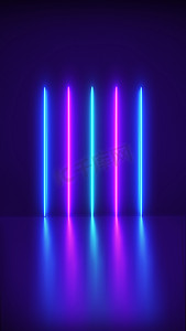 紫色蓝色霓虹摄影照片_未来抽象的蓝色和紫色霓虹线灯形状在彩色背景和反光、激光表演、夜总会室内灯、发光线。