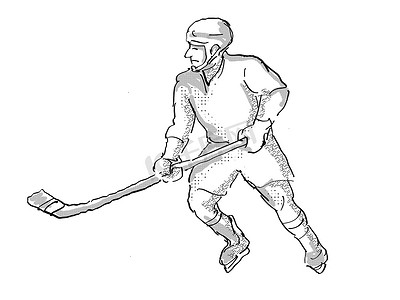 卡通手绘漫画摄影照片_孤立的冰上曲棍球运动员卡通