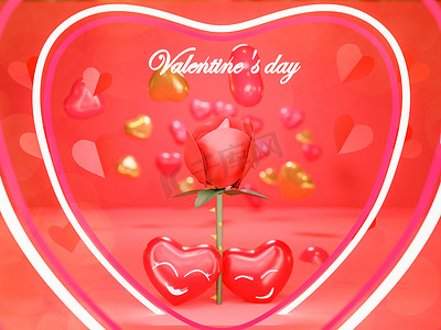 情人节快乐，红色背景上带有玫瑰和灯泡的红色心形气球形状的 3d 渲染。