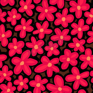 手绘无缝图案与复古 60 年代红色雏菊花在深棕色背景上。