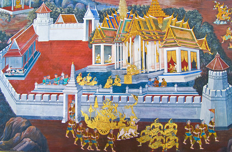 泰国曼谷大皇宫的寺庙窗户上画着美丽的场景。