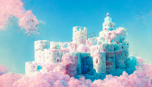 梦幻童话海报背摄影照片_天空王国童话公主的华丽冰浮城堡。