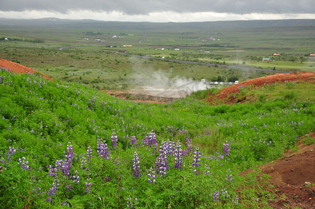 strokkur摄影照片_冰岛 Strokkur 间歇泉附近的温泉，来自郁郁葱葱的绿色山丘