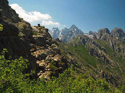 高积雪的山峰夏天风景在科西嘉阿尔卑斯的有松树、绿色灌木和蓝天背景的
