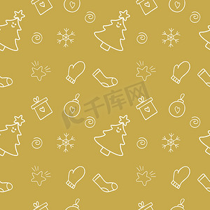 金色雪花图案摄影照片_金色背景上的矢量圣诞涂鸦系列。