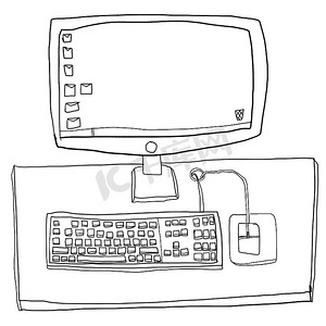 台式电脑可爱线条艺术插画
