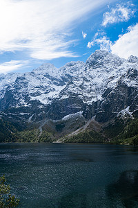 波兰扎科帕内 Polish Tatry 山脉的 Morskie Oko 湖雪山小屋。