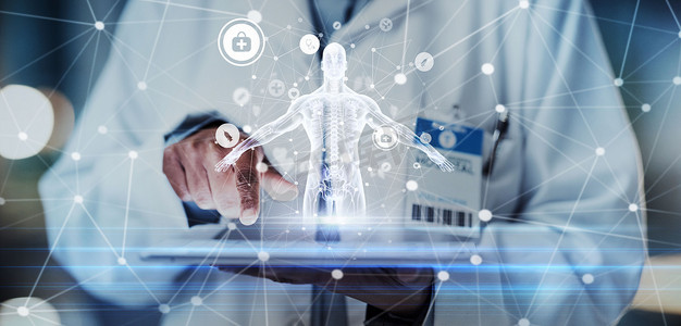 人体360摄影照片_带有人体全息图的平板电脑、手或医生，用于未来研究、3d 人工智能分析或医院创新。