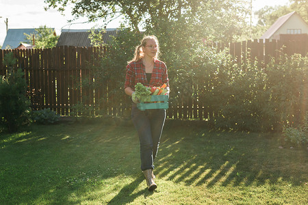 女农民携带一盒采摘的蔬菜复制空间和广告场所 — 花园和收获农产品以供在线销售。