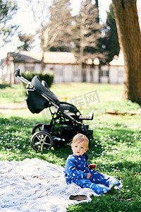 身穿蓝色工装裤的小孩坐在草坪上的毯子上，手里拿着苹果，背景是婴儿车和树