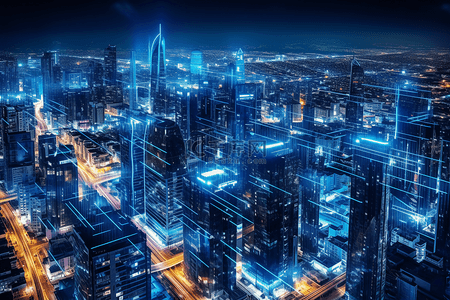 科技数据场景背景图片_高科技城市综合数据链路信号传输蓝色科幻场