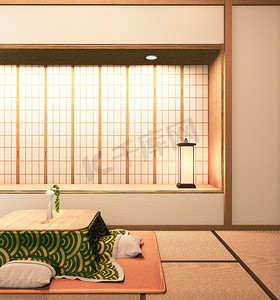 kotatsu 矮桌和榻榻米垫上的枕头，房间 japan.3D redner