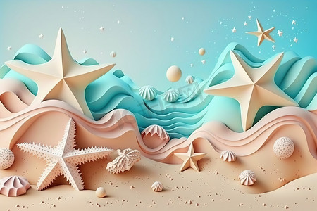 3d高清摄影照片_3D 海滩场景背景与海星和贝壳。