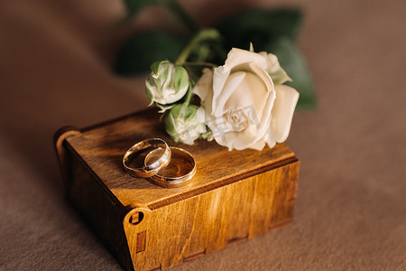 设计师结婚戒指表面上放着一朵玫瑰。