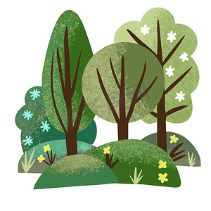 夏季春天森林木树与鲜花的手绘插图。