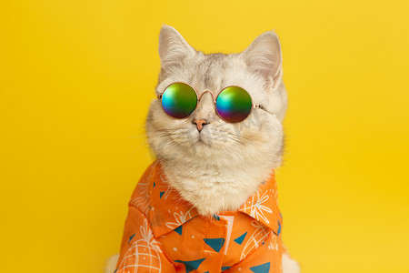 在黄色背景的概念夏天，戴着太阳镜和衬衫的可爱白猫。