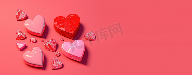 情人节促销横幅和背景的心形水晶钻石情人节 3D 插图