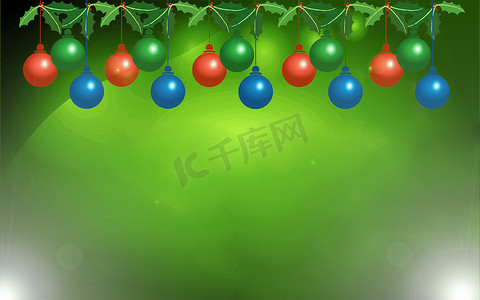 冬季圣诞绿色背景与一品红的绿色分支与叶子和五颜六色的圣诞球。