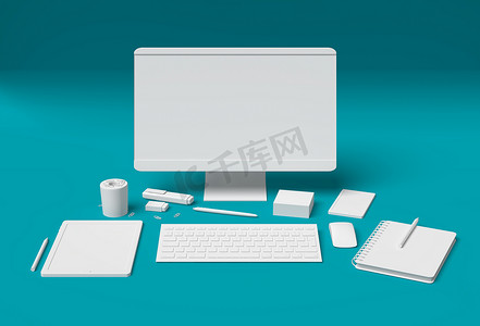 白色空白办公技术和用品 3d 绿松石蓝色