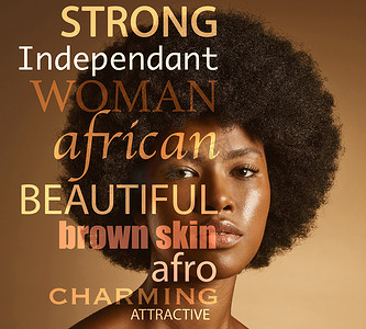 护肤美容海报摄影照片_黑人女性、面部和肖像、引述和动机、自我护理和非洲头发、皮肤和护肤美容的灵感。