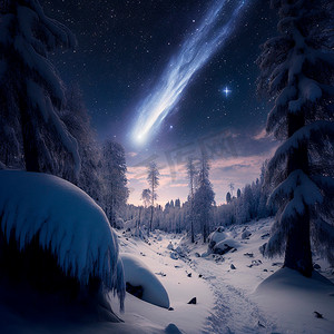 月亮星空宇宙摄影照片_冬季森林中明亮的星空