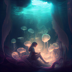 一个女孩在冥想，一群发光的水母在她头顶飞过